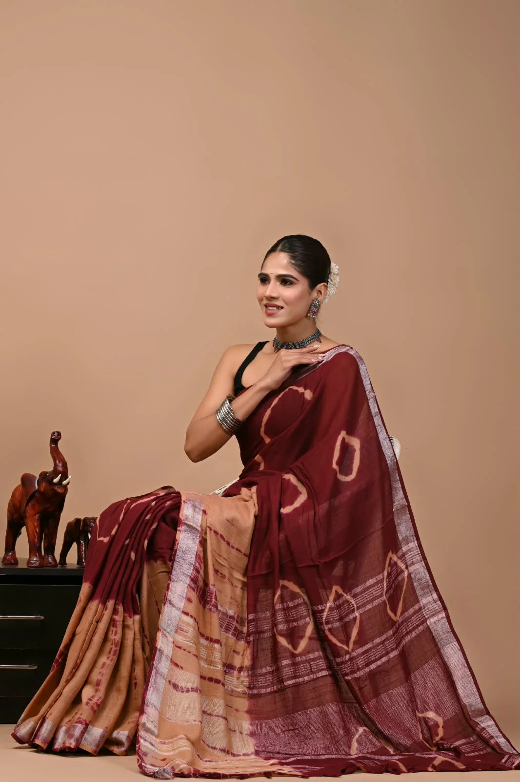 Dark Marron Bagru Hand Block Printend Soft Linen Fabric Saree